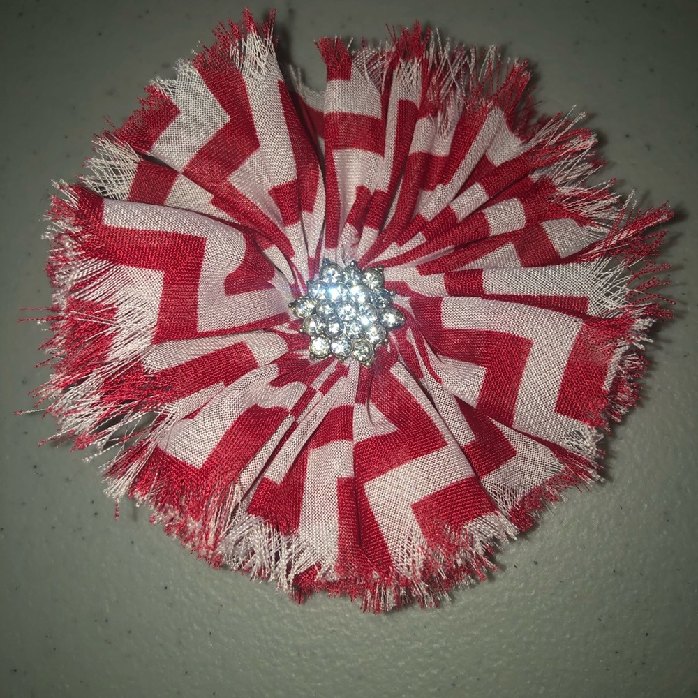 Red & White Chevron Shabby Flower Clip